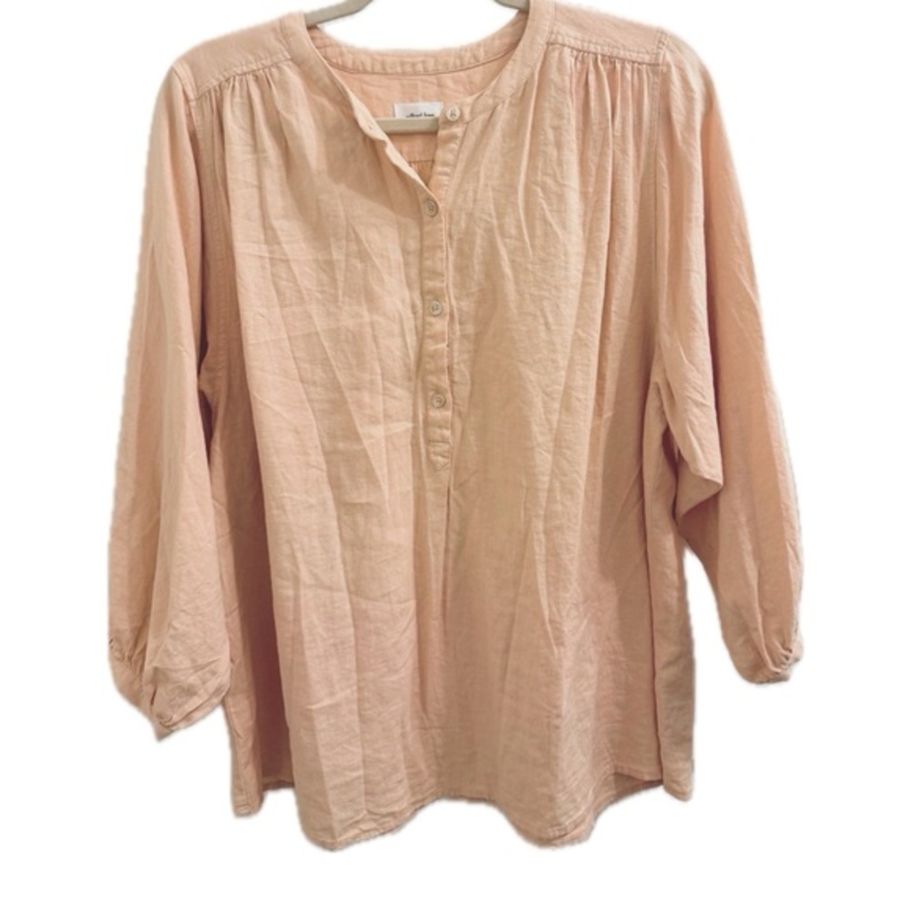 Wilfred Free Linen Blend Balloon Sleeve Loose Peasant Top in Peach